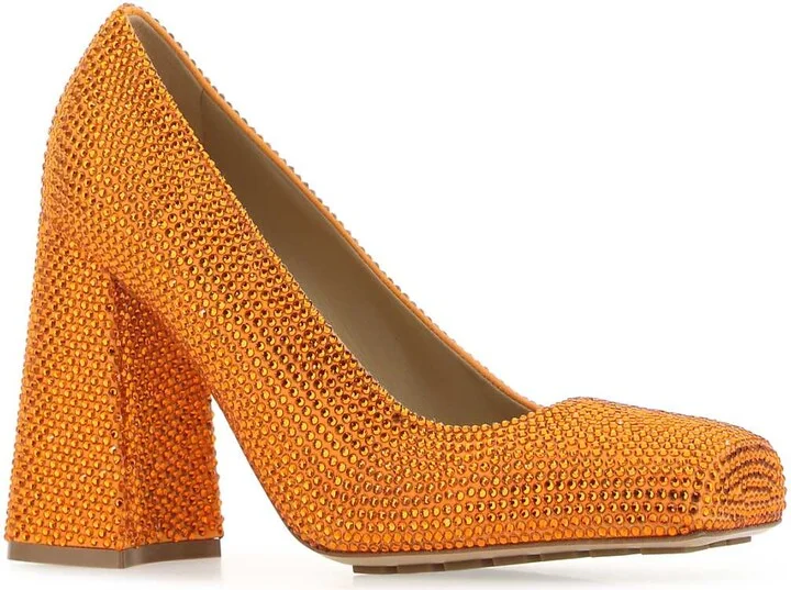 Orange Leather And Rhinestones Tower Pumps - Image 2