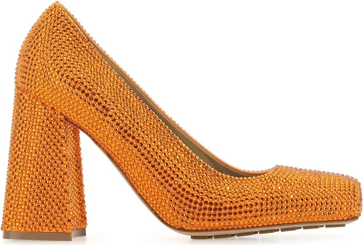 Orange Leather And Rhinestones Tower Pumps