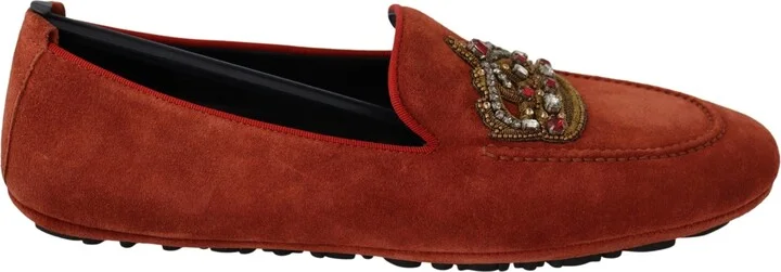 Orange Leather Crystal Crown Loafers Men's Shoes