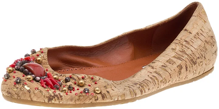 Oscar de la Renta Beige Leather Embellished Flats Size 37.5
