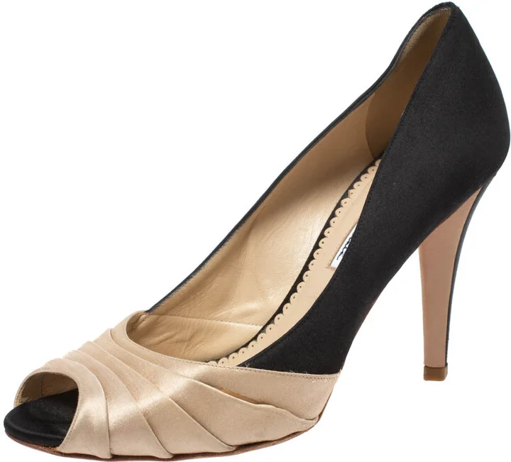 Oscar de la Renta Black/Beige Satin Ruched Detail Peep Toe Pumps Size 37