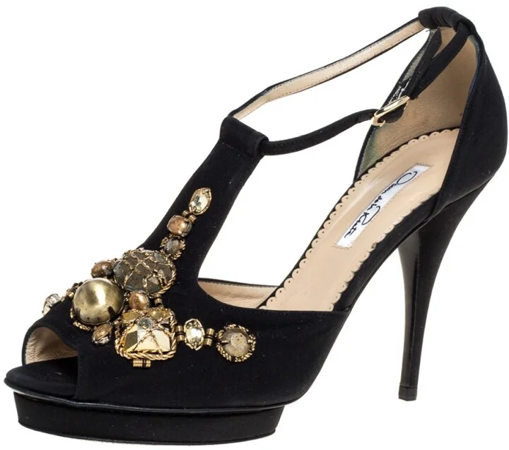 Oscar de la Renta Black Fabric Embellished Platform Ankle Strap Sandals 39.5