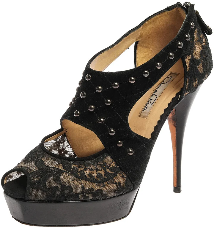 Oscar de la Renta Black Lace And Suede Platform Studded Peep Toe Zipper Sandals Size 38