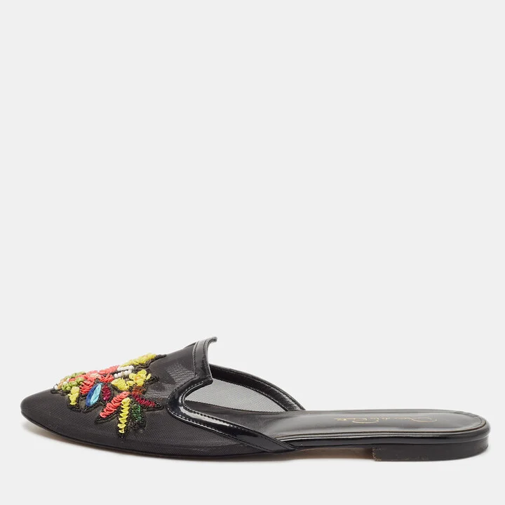 Oscar de la Renta Black Mesh And Patent Leather Embellished Flat Mules Size 41