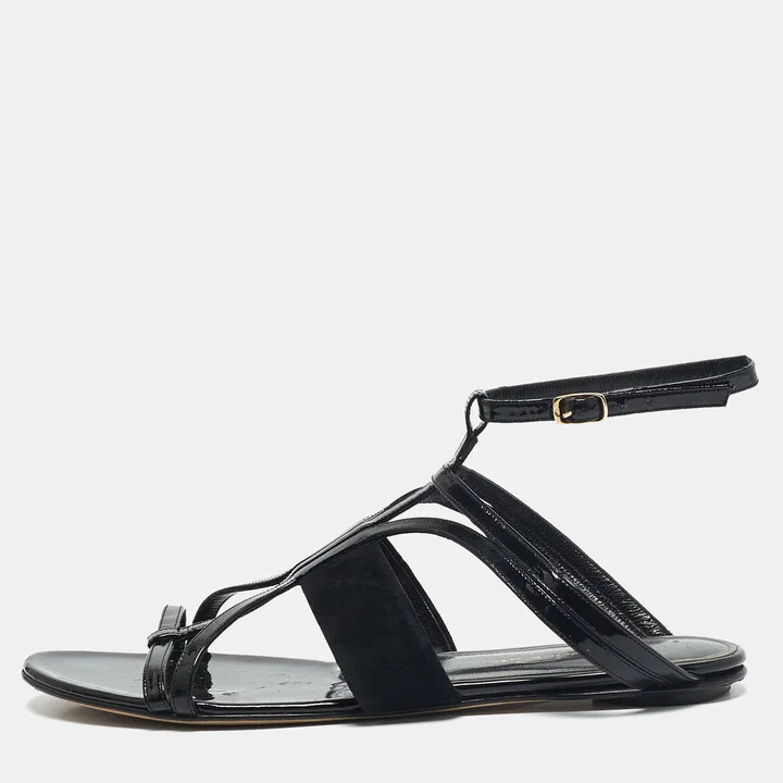 Oscar de la Renta Black Patent Leather and Suede Jenisa Ankle Strap Flats Size 39