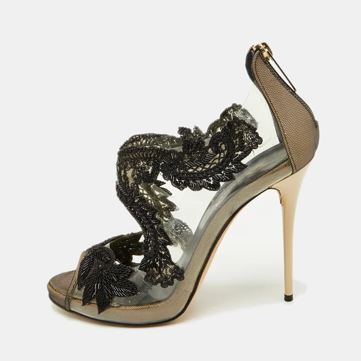 Oscar de la Renta Black PVC Patent Leather and Mesh Ambria Peep Toe Pumps Size 38