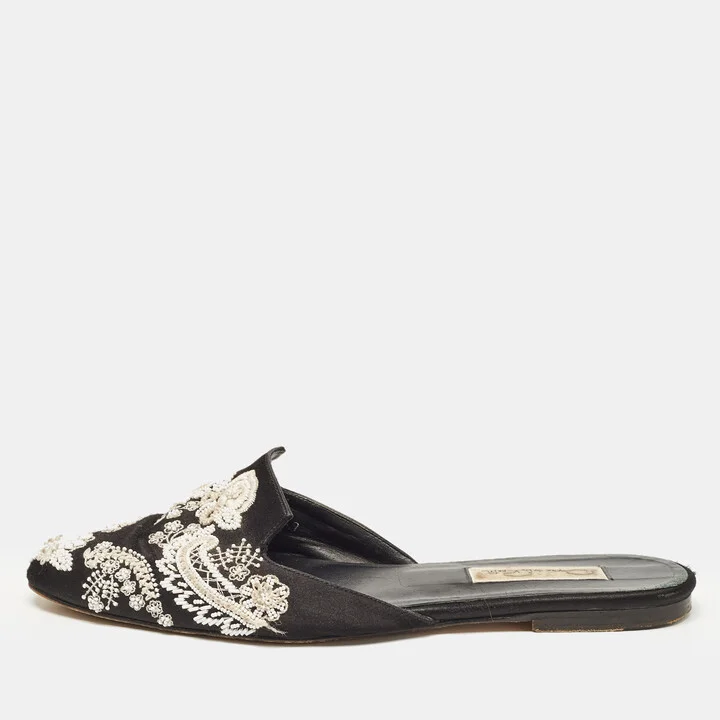 Oscar de la Renta Black Satin Embellished Flat Mule Size 39