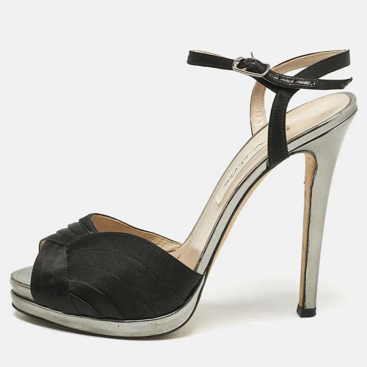 Oscar de la Renta Black Satin Pleated Ankle Strap Sandals Size 38.5
