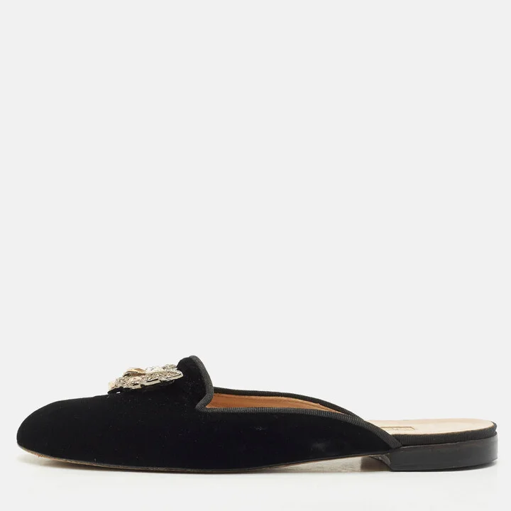 Oscar de la Renta Black Velvet Crystals Embellished Flat Mules Size 41