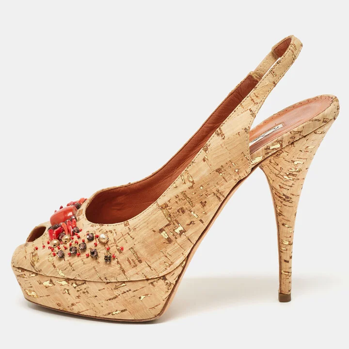 Oscar De La Renta Brown Cork Embellished Slingback Platform Pumps Size 37.5