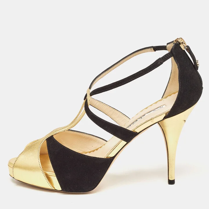 Oscar de la Renta Gold/Black Leather and Suede Ankle Strap Sandals Size 36.5