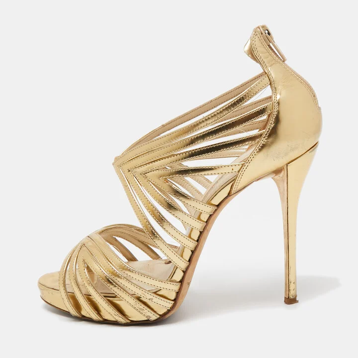 Oscar de la Renta Gold Leather Strappy Sandals Size 37.5