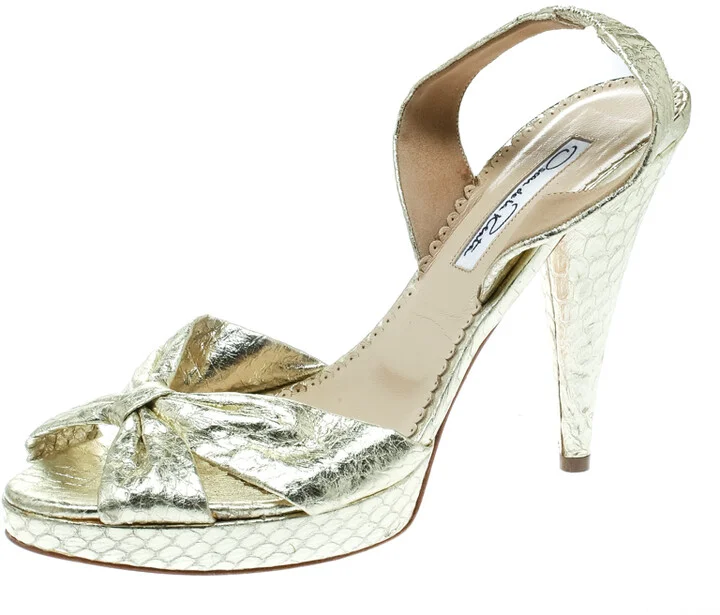 Oscar de la Renta Metallic Gold Embossed Python Leather Knot Sandals Size 38