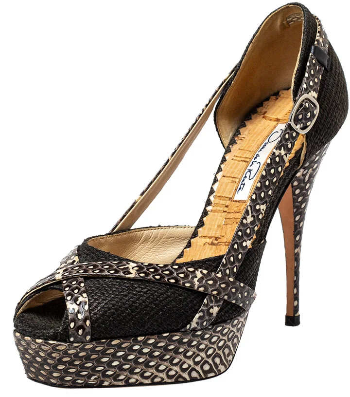 Oscar de la Renta Multicolor Raffia And Python Leather Peep Toe Platform Pumps Size 37