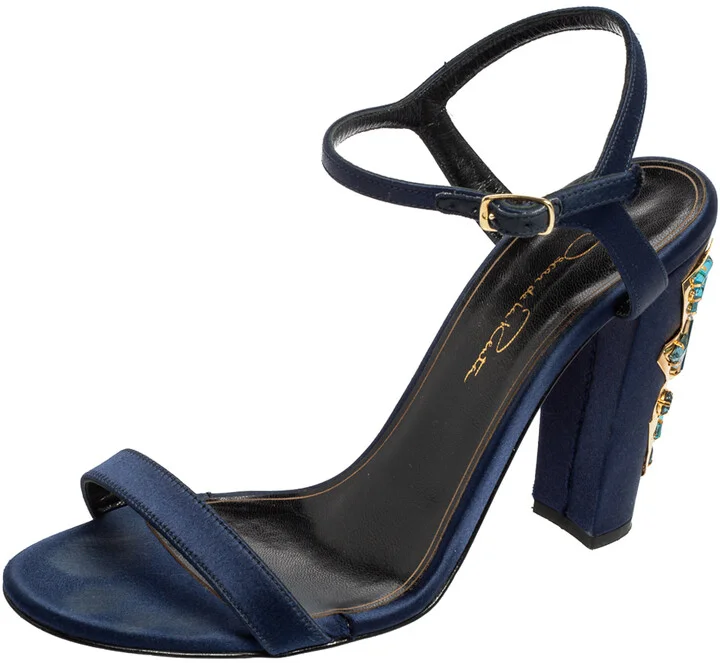 Oscar de la Renta Navy Blue Satin Lemmy Embellished Ankle Strap Sandals Size 37.5