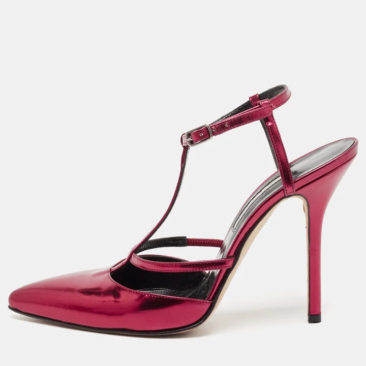 Oscar de la Renta Red Leather Pointed Toe Ankle Strap Pumps Size 38