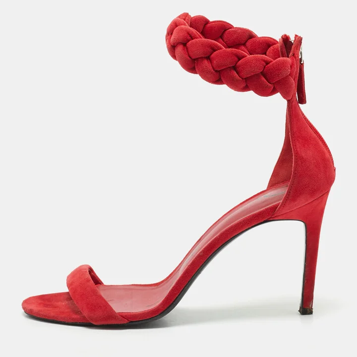 Oscar de la Renta Red Suede Braided Ankle Strap Sandals Size 41