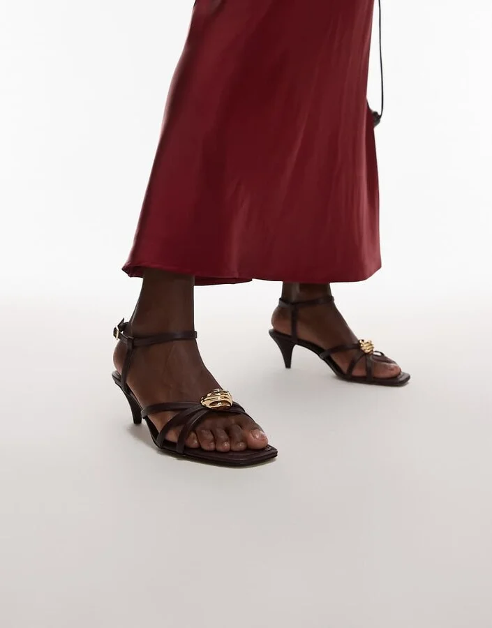 & Other Stories embellished real leather strappy heel sandals in dark red burgundy - Image 2