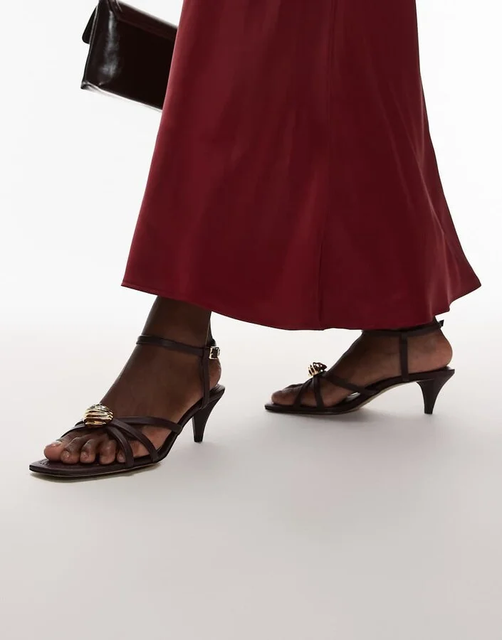 & Other Stories embellished real leather strappy heel sandals in dark red burgundy - Image 4