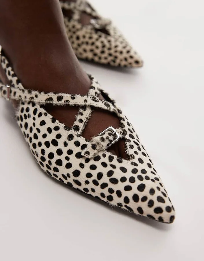 & Other Stories hairy real leather slingback kitten heels in white dalmatian print - Image 2