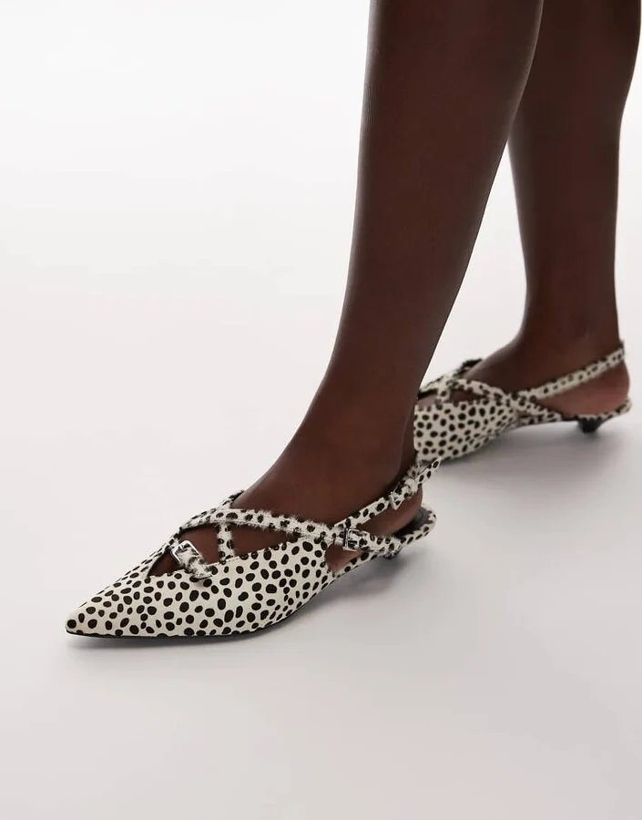 & Other Stories hairy real leather slingback kitten heels in white dalmatian print