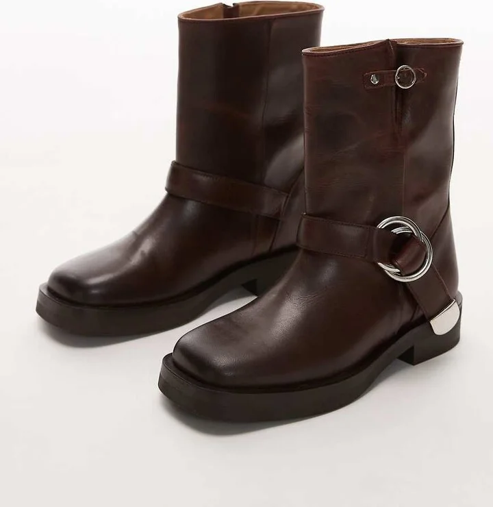 & Other Stories leather biker boots with square toe in brown - Image 4