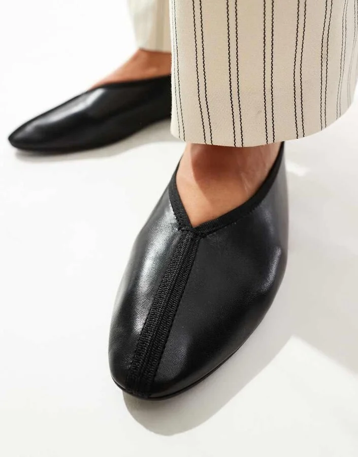 & Other Stories leather pointed ballet flats with front seam detail in black - Image 3