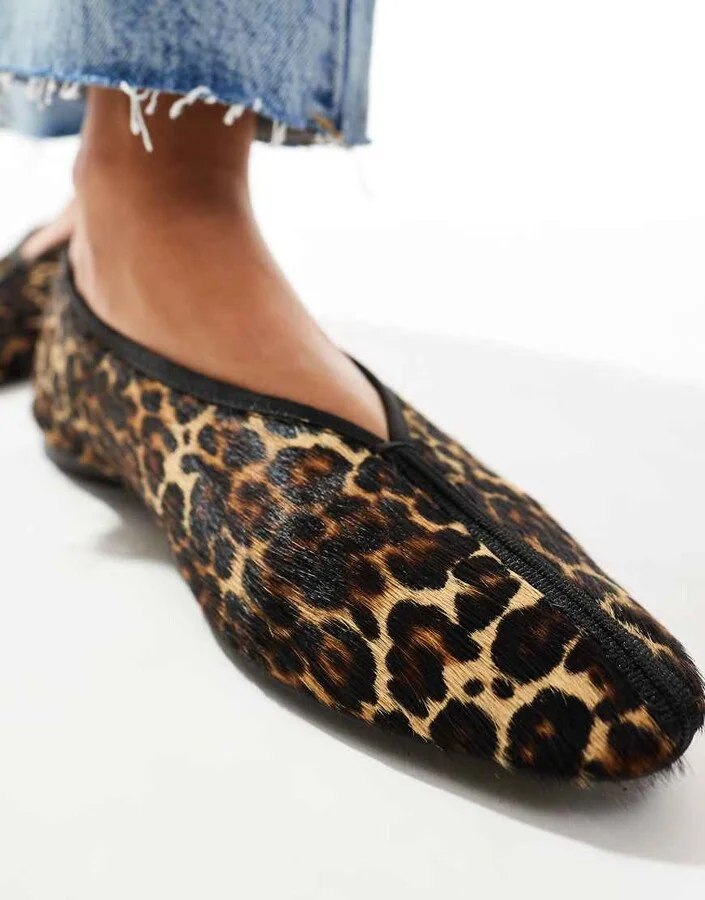 & Other Stories leather pointed ballet flats with front seam detail in textured leopard print - Image 4