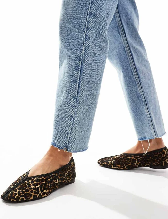 & Other Stories leather pointed ballet flats with front seam detail in textured leopard print