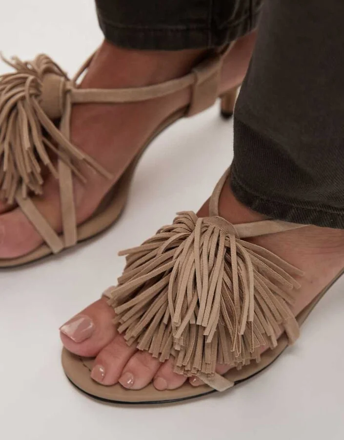 & Other Stories leather slingback open toe kitten heels with fringe pom-pom in light beige - Image 2