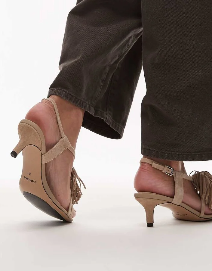 & Other Stories leather slingback open toe kitten heels with fringe pom-pom in light beige - Image 3