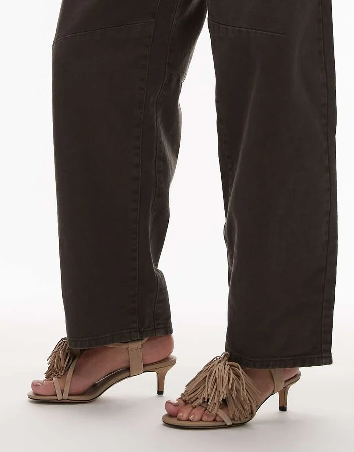 & Other Stories leather slingback open toe kitten heels with fringe pom-pom in light beige - Image 4