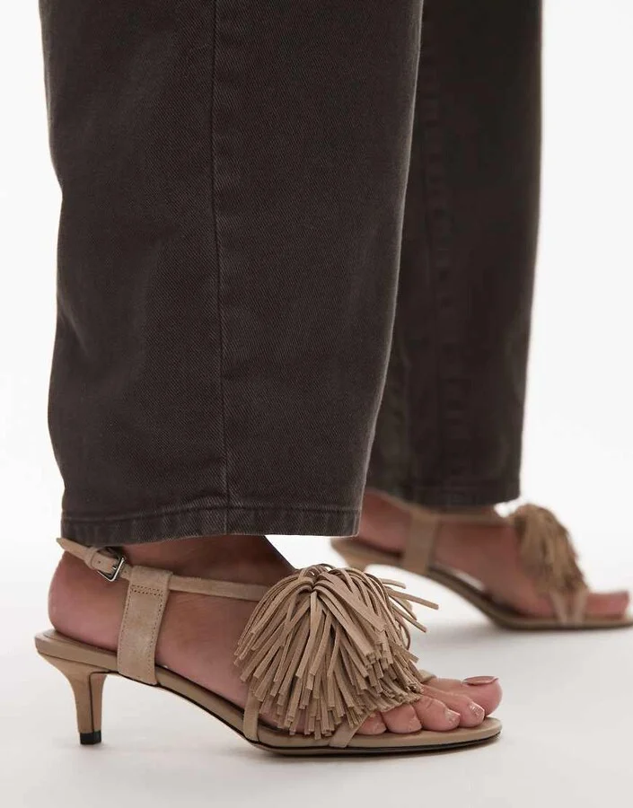 & Other Stories leather slingback open toe kitten heels with fringe pom-pom in light beige