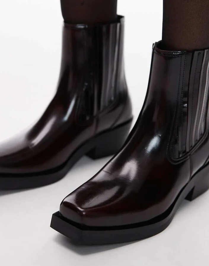 & Other Stories leather square toe western boots in dark red - Image 2