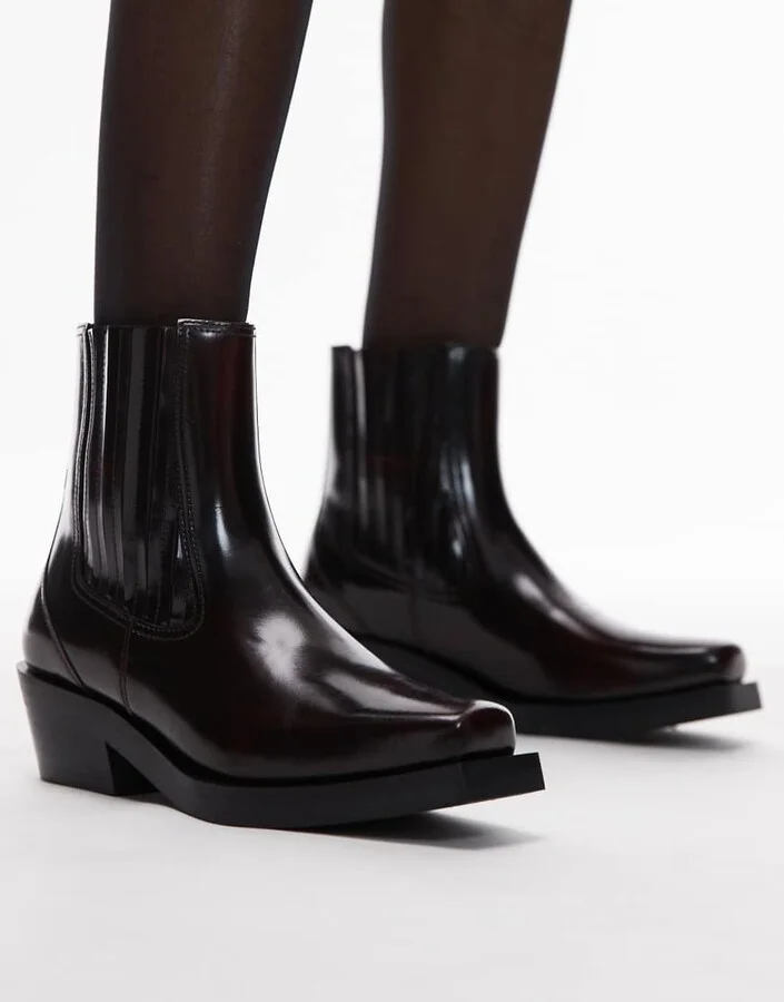& Other Stories leather square toe western boots in dark red - Image 4