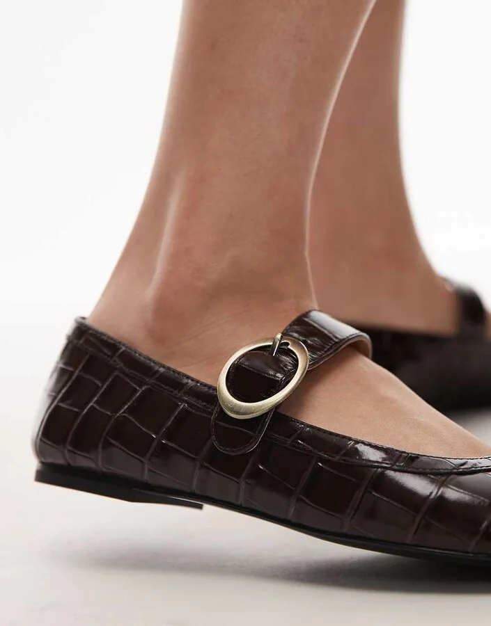 & Other Stories premium leather mary jane buckle ballet flats in brown croc - Image 3