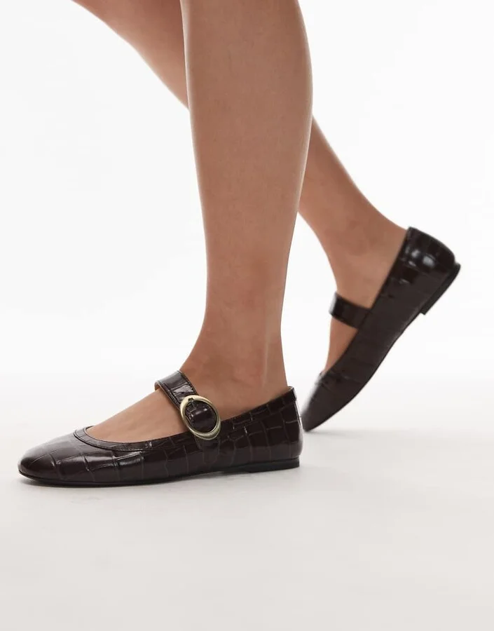 & Other Stories premium leather mary jane buckle ballet flats in brown croc