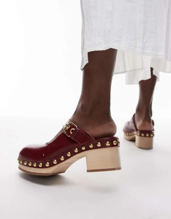 & Other Stories real leather wooden soled heeled clogs in dark red - Image 2