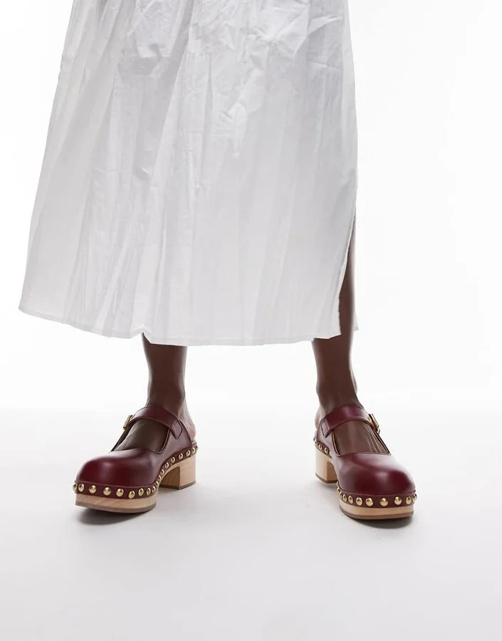 & Other Stories real leather wooden soled heeled clogs in dark red - Image 3