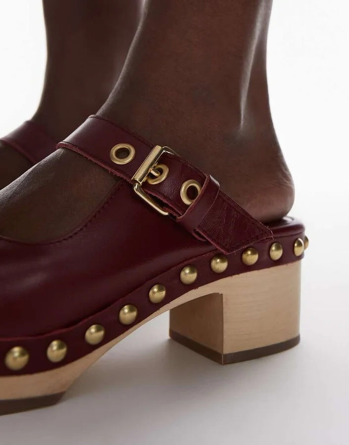 & Other Stories real leather wooden soled heeled clogs in dark red - Image 4