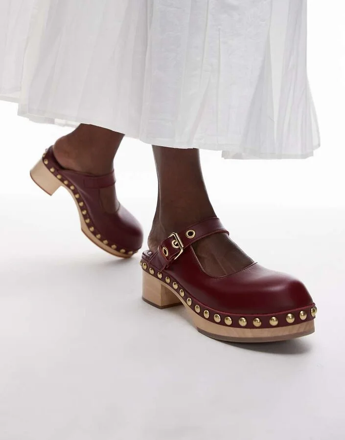 & Other Stories real leather wooden soled heeled clogs in dark red