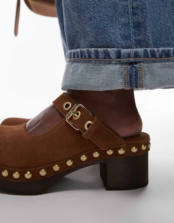 & Other Stories real suede wooden sole heeled clogs in cognac brown - Image 3