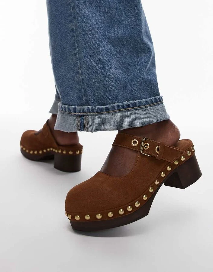 & Other Stories real suede wooden sole heeled clogs in cognac brown - Image 4