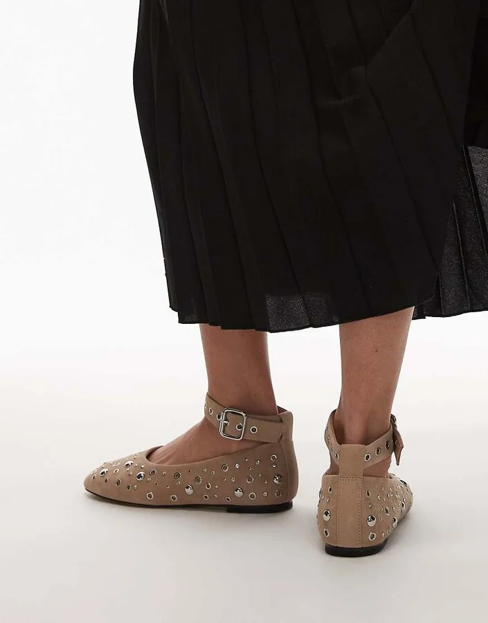 & Other Stories studded suede leather ballet flats with ankle strap in light beige - Image 2