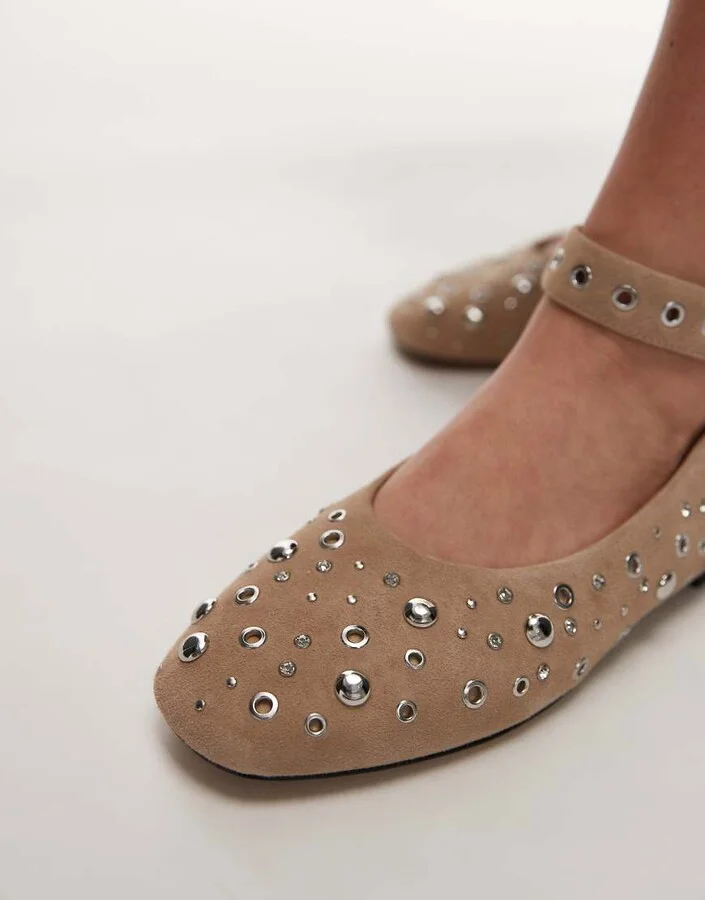 & Other Stories studded suede leather ballet flats with ankle strap in light beige - Image 3