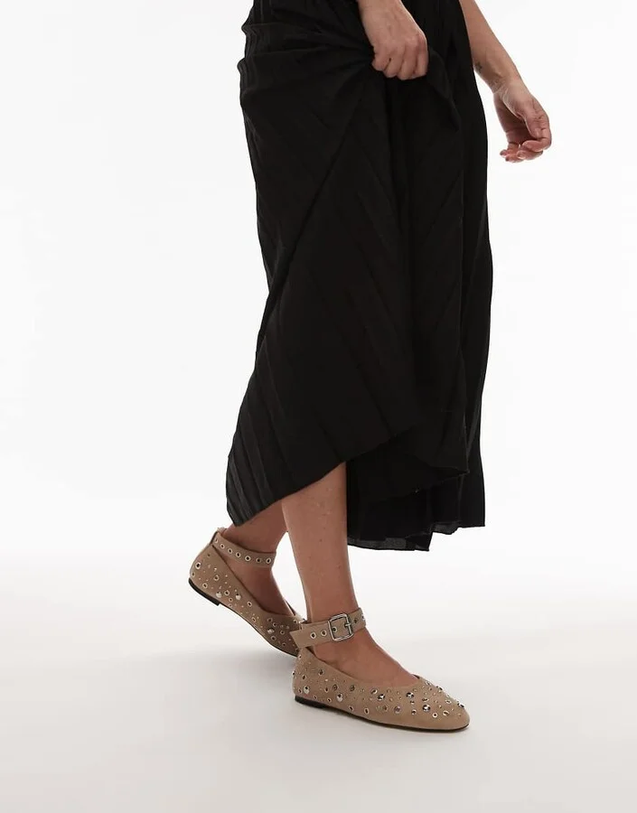 & Other Stories studded suede leather ballet flats with ankle strap in light beige - Image 4