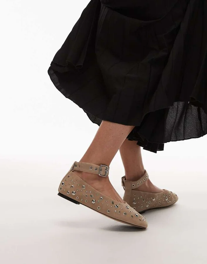 & Other Stories studded suede leather ballet flats with ankle strap in light beige
