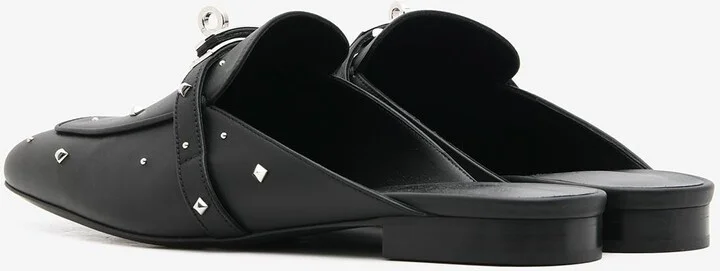 Oz Flat Mules in Black Calfskin with Medor Studs and Palladium Kelly Buckle - Image 2
