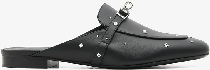 Oz Flat Mules in Black Calfskin with Medor Studs and Palladium Kelly Buckle