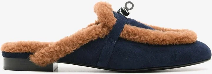 Oz Flat Mules in Marine Suede and Gold Shearling